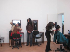 Yeghegnadzor VHS hairdresser  student  practicing whit their new equipment in new remodeled workshop   